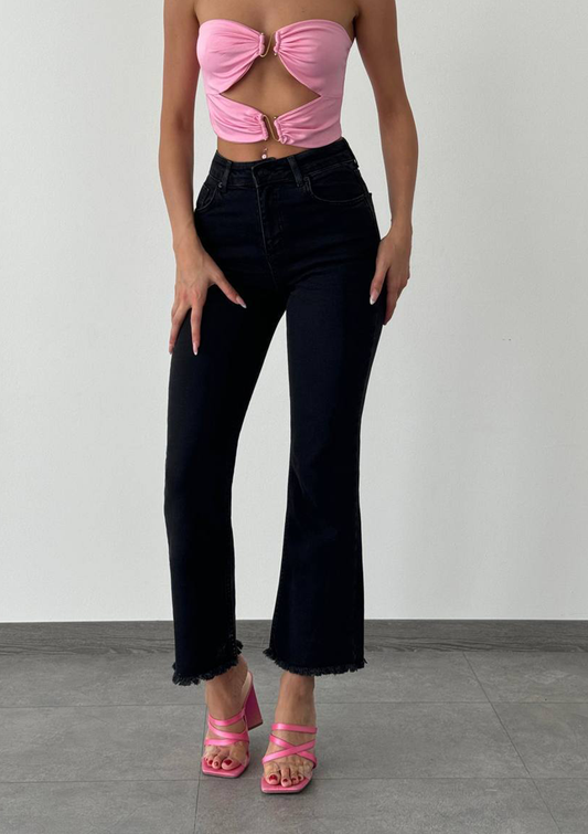 Aria Black Mini Flare Jean — full body front styled pose showcasing high-rise waist and mini flare hem in deep black wash | Mia & Luna