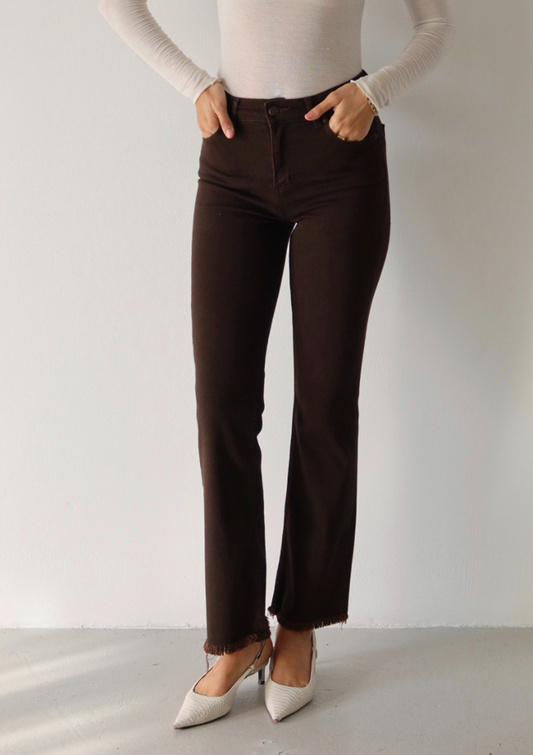 Aria Espresso Mini Flare Jean — half body front view showing high-rise waist and five-pocket detail in espresso wash | Mia & Luna