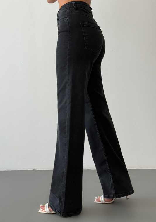 Nita Charcoal Gray Straight Jean — half body side view showing high-rise waist and straight leg fit | Mia & Luna