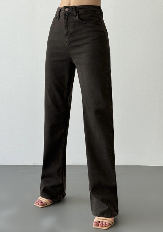 Nita Espresso Straight Jean — half body front angled view showing high-rise waist and espresso wash denim | Mia & Luna