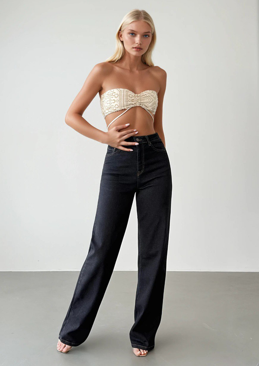 Nita Dark Rinse Straight Jean — full body front view of styled woman in an alternative stance, showcasing high-rise waist and straight leg silhouette in deep rinse wash | Mia & Luna