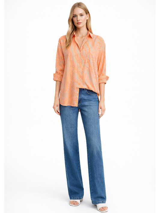 Sienna Stripe Shirt Apricot — full body front facing view with shirt half tucked styled with jeans | Mia & Luna