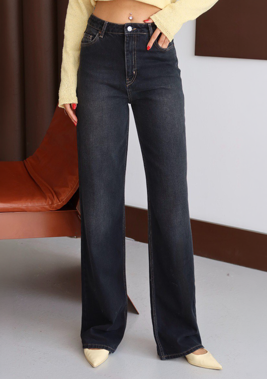 Elia Washed Black Wide Leg Jean — half body front view showing high-rise waist and washed black denim | Mia & Luna