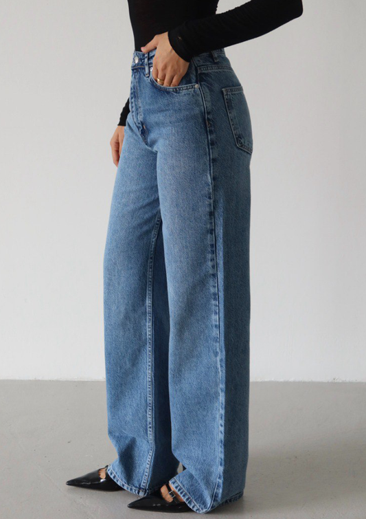 Elia Wide Leg Jean — side profile showing full length 30 inch inseam