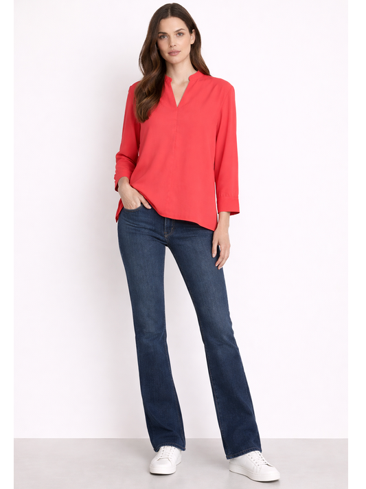 Willa Shirt Coral Red — full body front facing view with shirt untucked | Mia & Luna