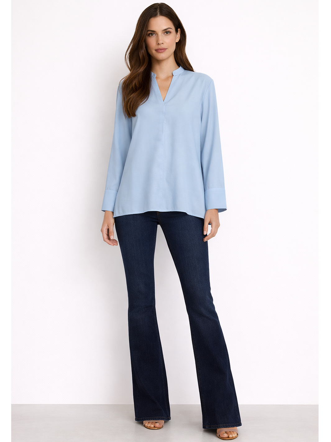 Willa Shirt Blue — full body front facing view styled untucked with the Lara Deep Indigo Flare Jean | Mia & Luna