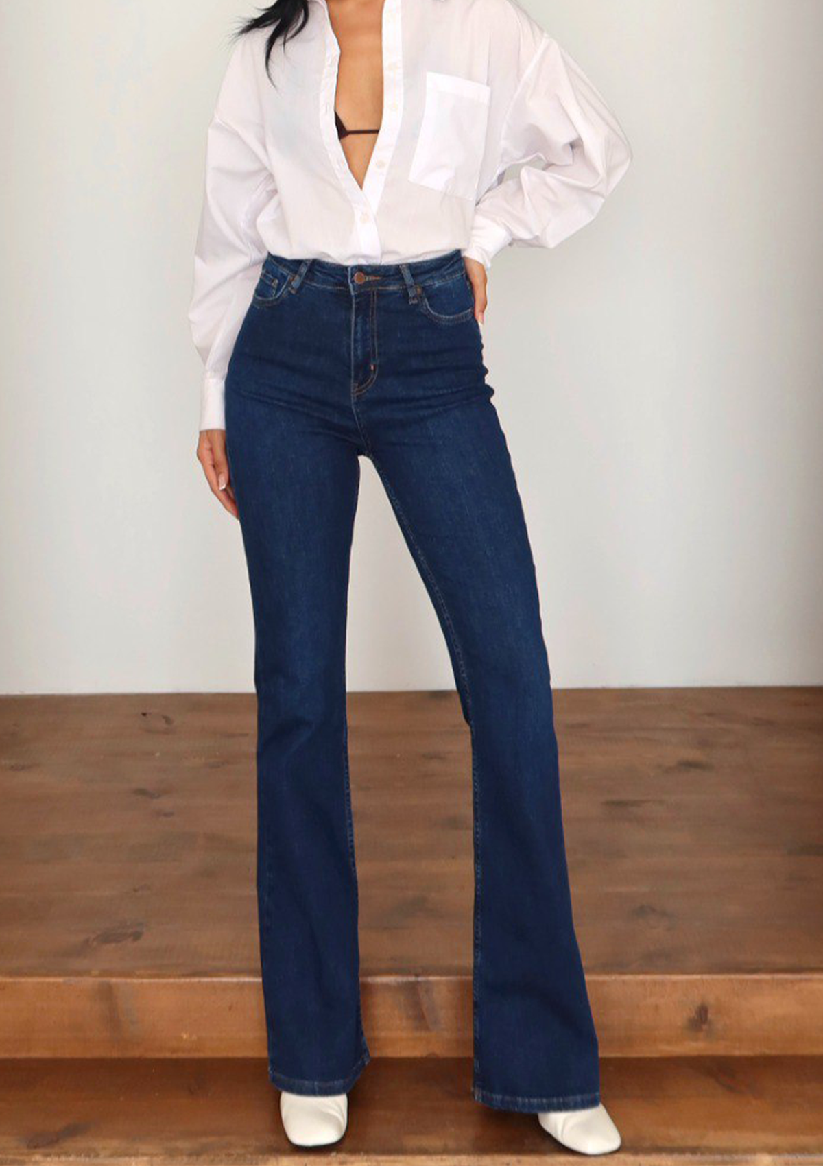 Lara Dark Blue Flare Jean — full body front styled pose showcasing high-rise waist and flare silhouette in dark blue wash | Mia & Luna