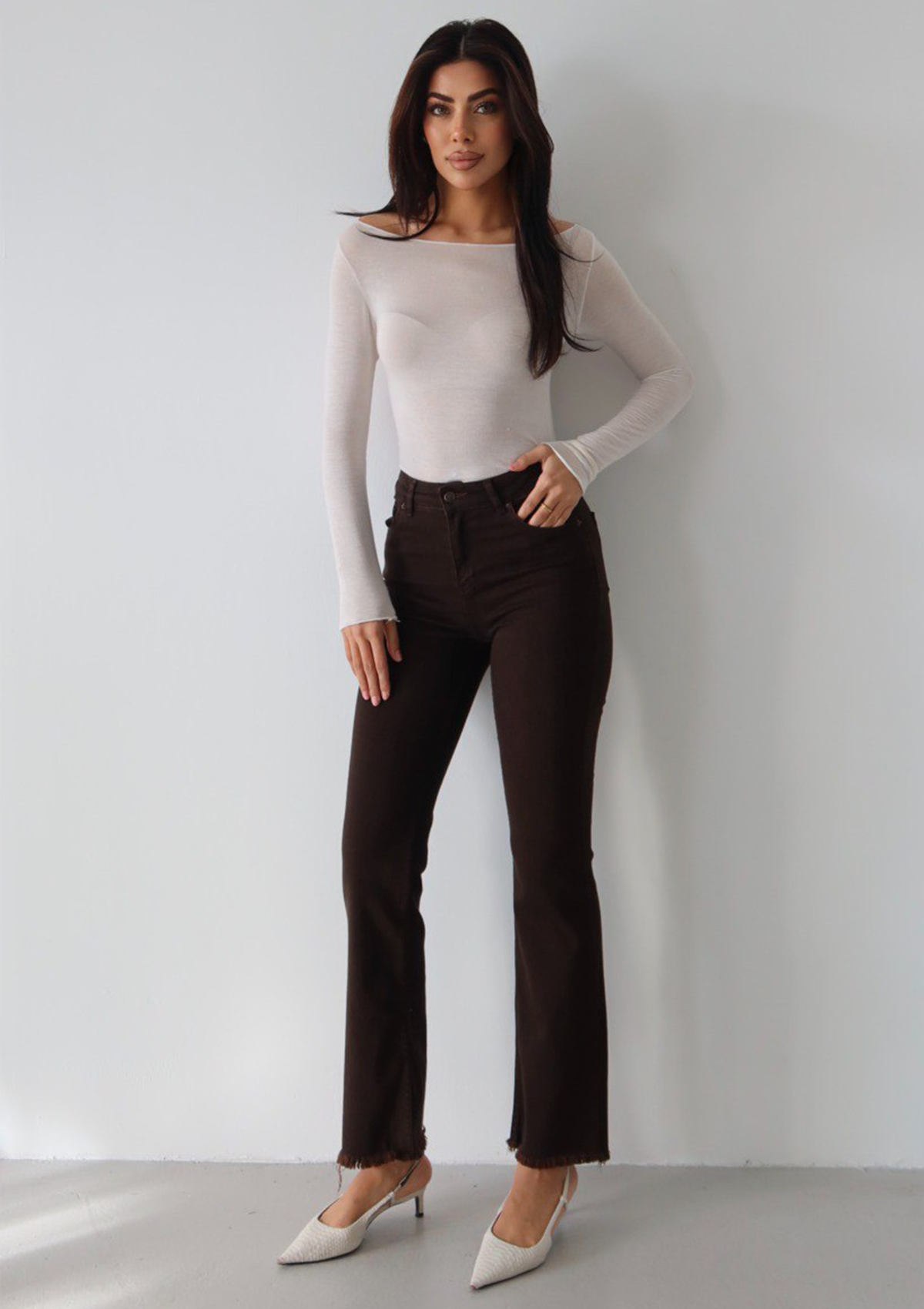 Aria Espresso Mini Flare Jean — full body front styled pose showcasing high-rise waist and mini flare hem in espresso wash | Mia & Luna