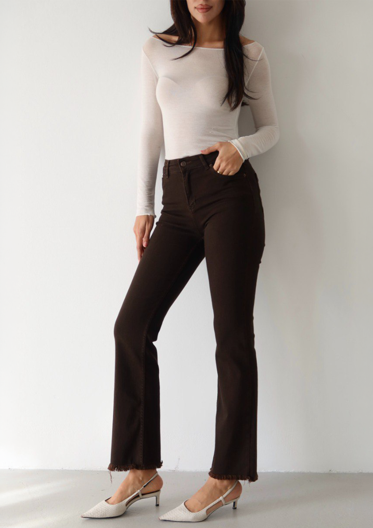 Aria Espresso Mini Flare Jean — full body front styled pose with model turned slightly to the side, highlighting mini flare silhouette in espresso wash | Mia & Luna