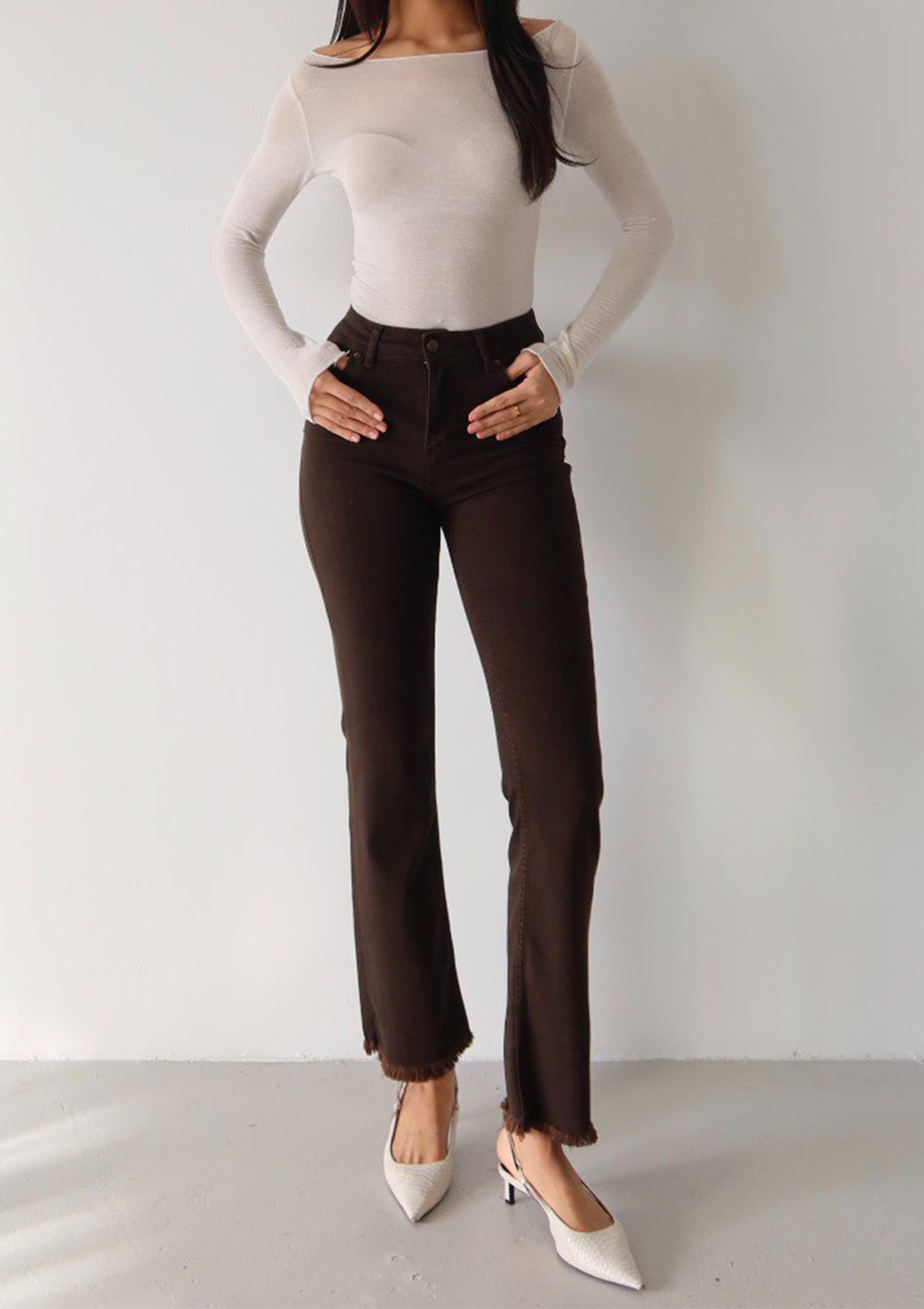 Aria Espresso Mini Flare Jean — full body front styled pose showcasing high-rise waist and mini flare silhouette in espresso wash | Mia & Luna
