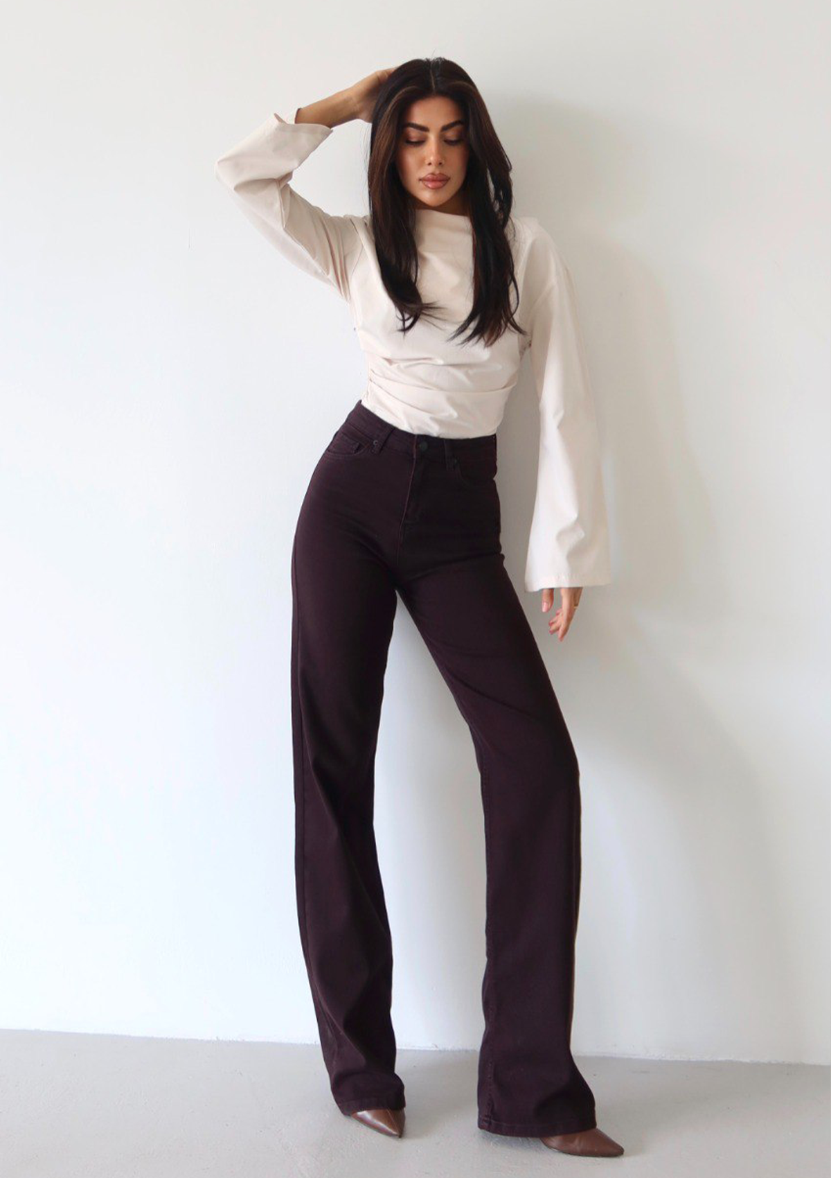 Nita Wine Straight Jean — full body front styled pose showing straight leg silhouette and wine wash denim | Mia & Luna