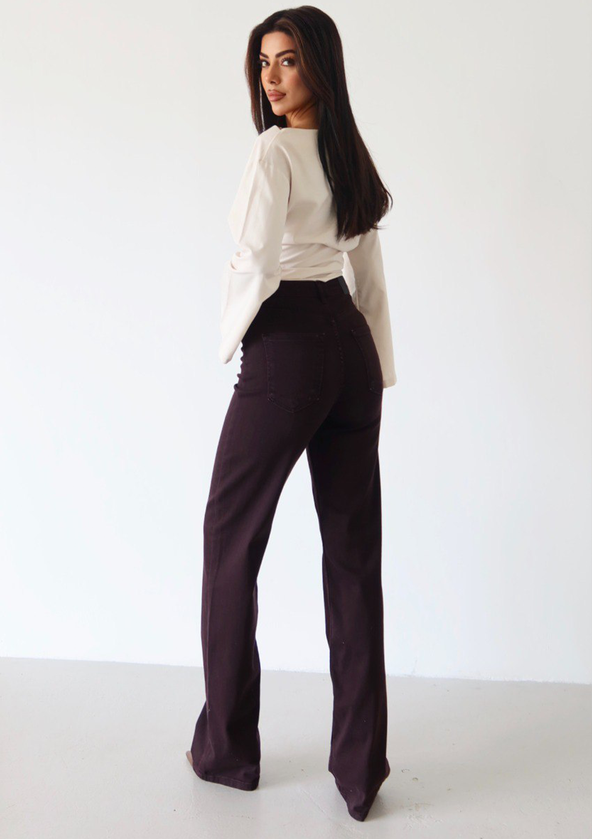 Nita Wine Straight Jean — full body back view showing straight leg silhouette and back pocket detail in wine wash | Mia & Luna