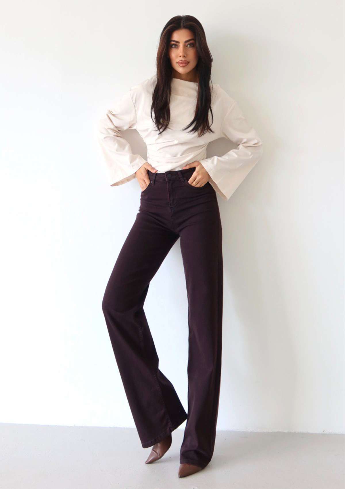 Nita Wine Straight Jean — full body front view showing high-rise waist and straight leg silhouette in wine wash | Mia & Luna