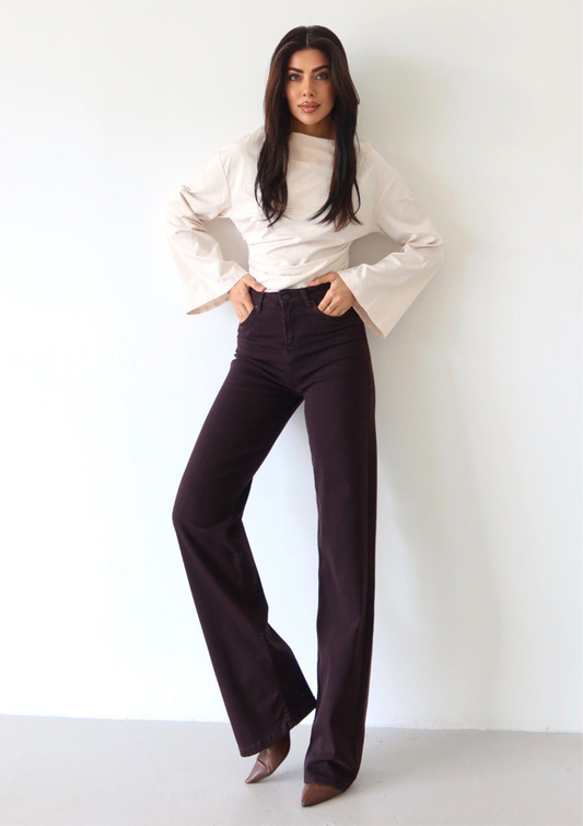 Nita Wine Straight Jean — full body front view showing high-rise waist and straight leg silhouette in wine wash | Mia & Luna