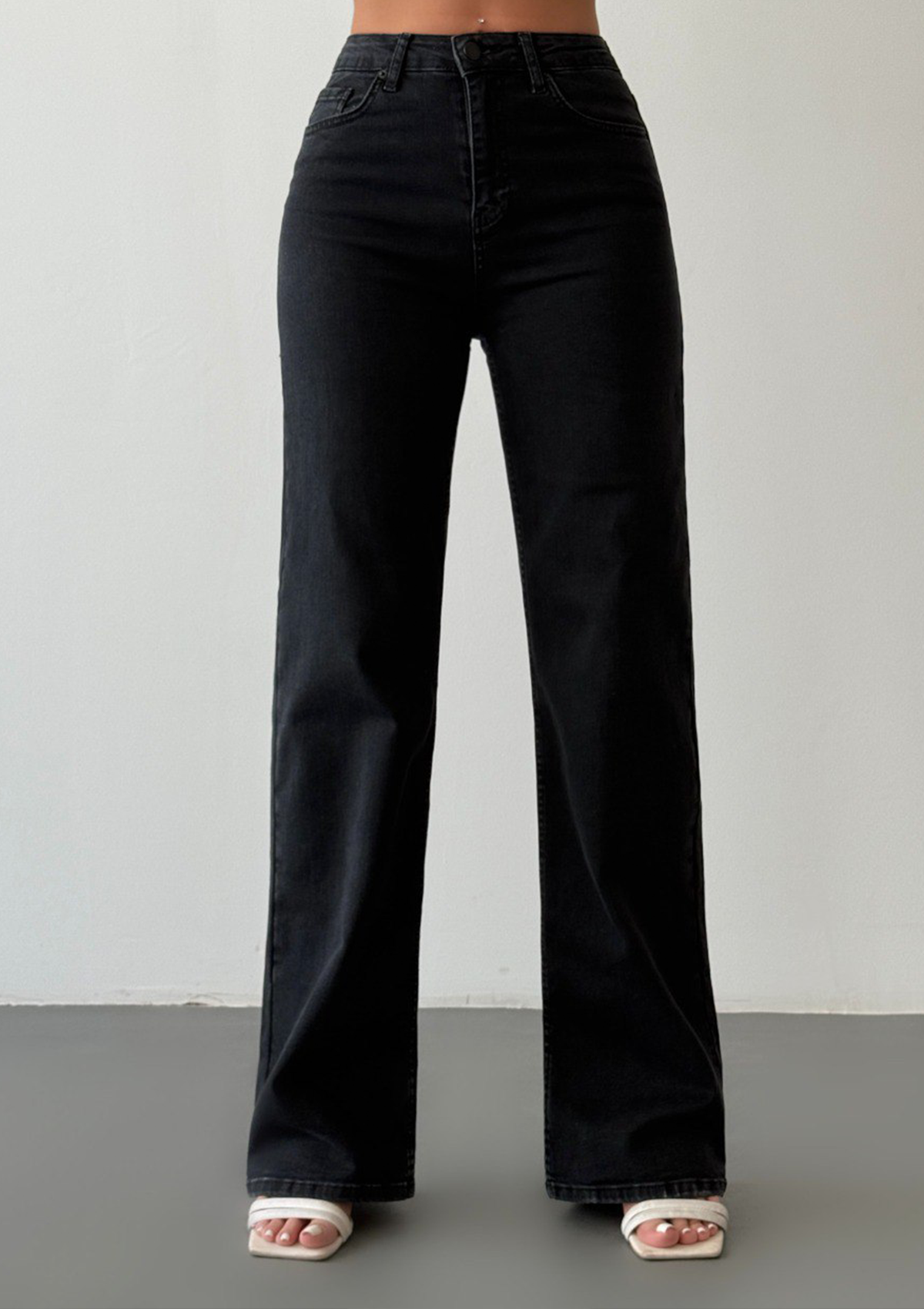 Nita Charcoal Gray Straight Jean — half body front view showing charcoal gray wash and five-pocket design | Mia & Luna
