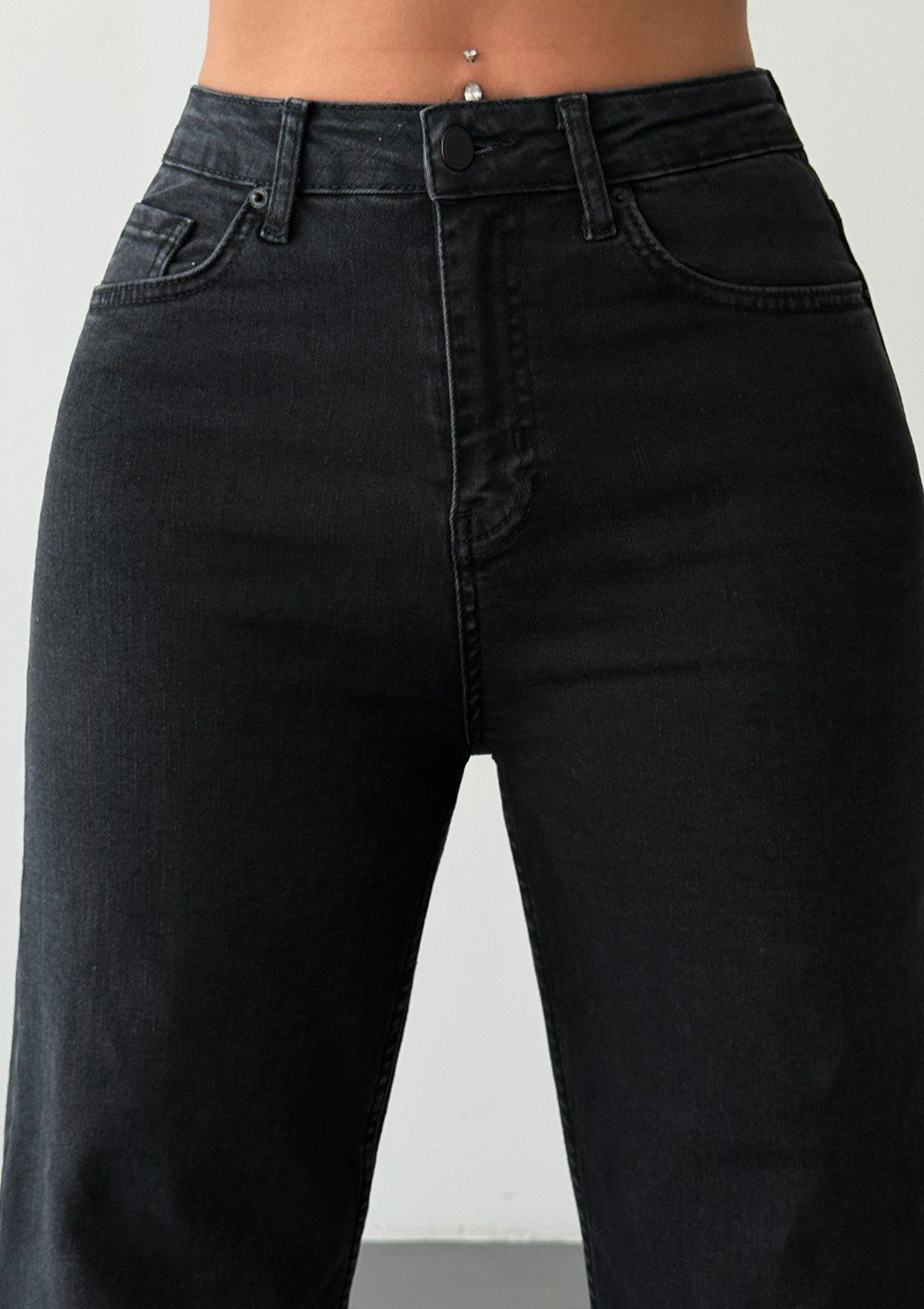 Nita Charcoal Gray Straight Jean — close up detail of high-rise waistband, zip fly, button closure and five-pocket design | Mia & Luna