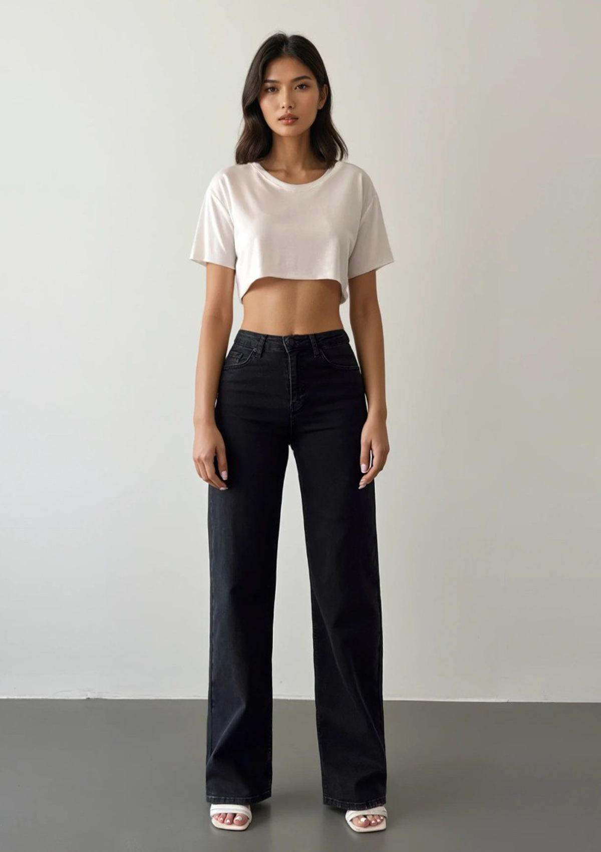 Nita Charcoal Gray Straight Jean — full body front view showing high-rise waist and straight leg silhouette | Mia & Luna