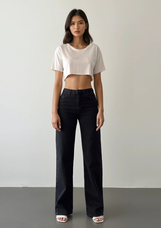 Nita Charcoal Gray Straight Jean — full body front view showing high-rise waist and straight leg silhouette | Mia & Luna