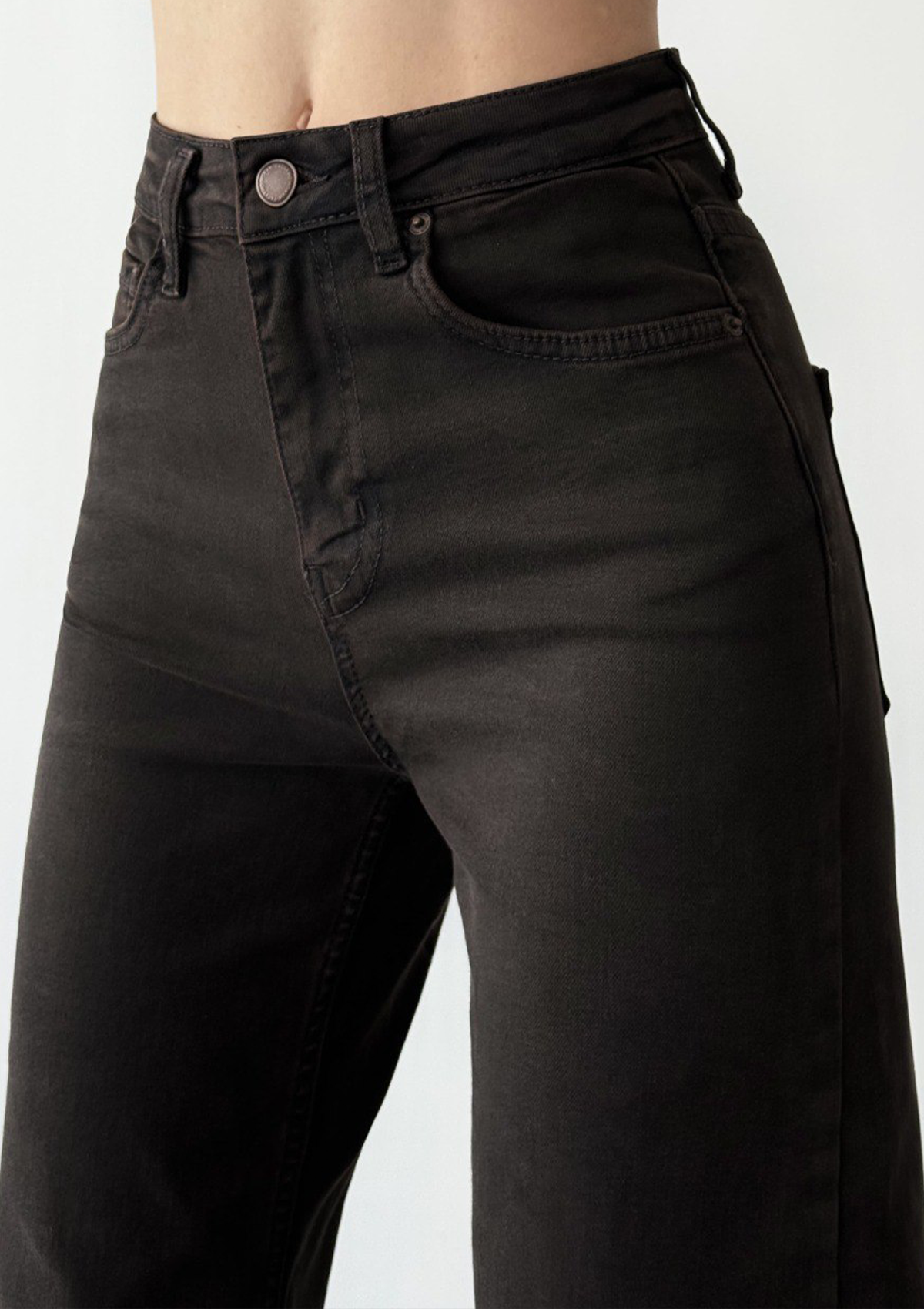Nita Espresso Straight Jean — close up detail of front waistband, zip fly, button closure and five-pocket design in espresso wash | Mia & Luna