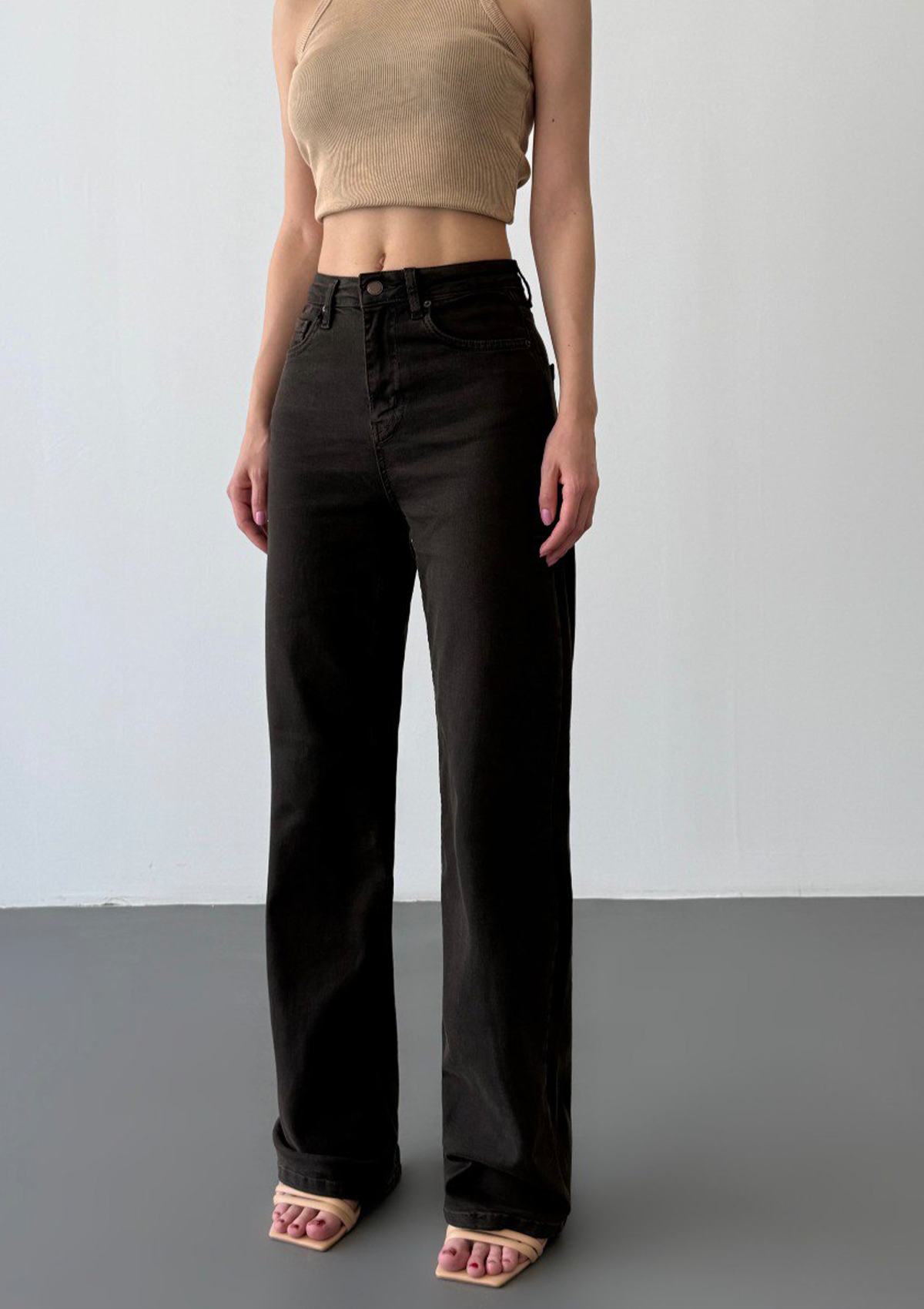 Nita Espresso Straight Jean — full body front angled styled view showing straight leg silhouette and espresso wash | Mia & Luna