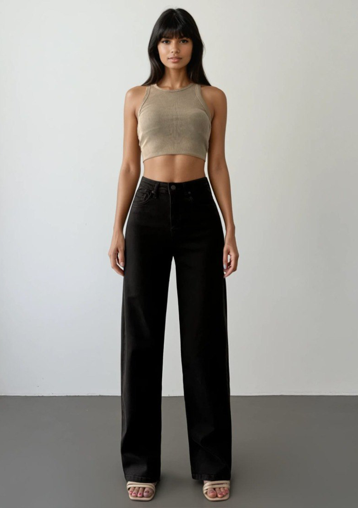 Nita Espresso Straight Jean — full body front view showing high-rise waist and straight leg silhouette in espresso wash | Mia & Luna