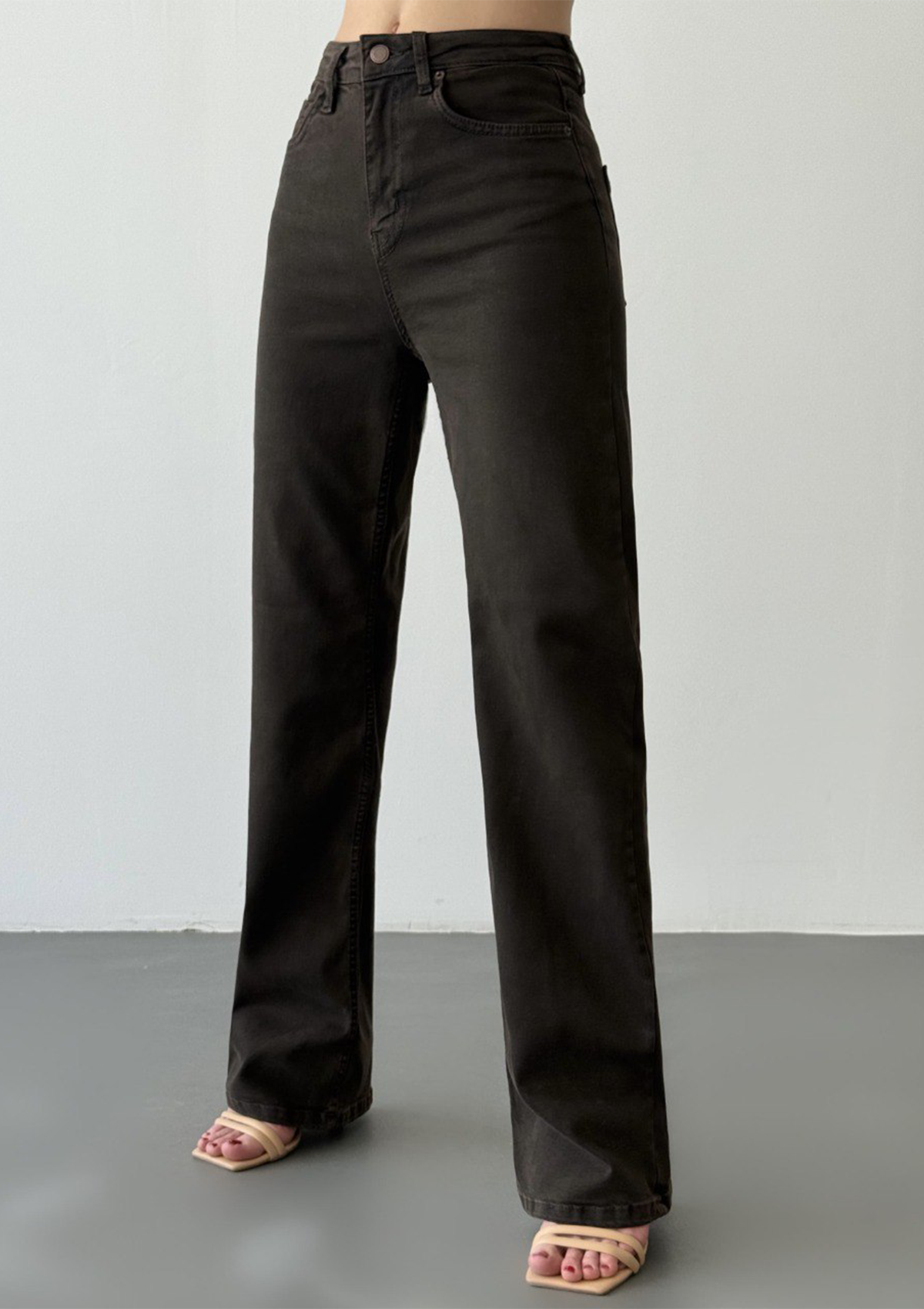 Nita Espresso Straight Jean — half body front angled view showing high-rise waist and espresso wash denim | Mia & Luna