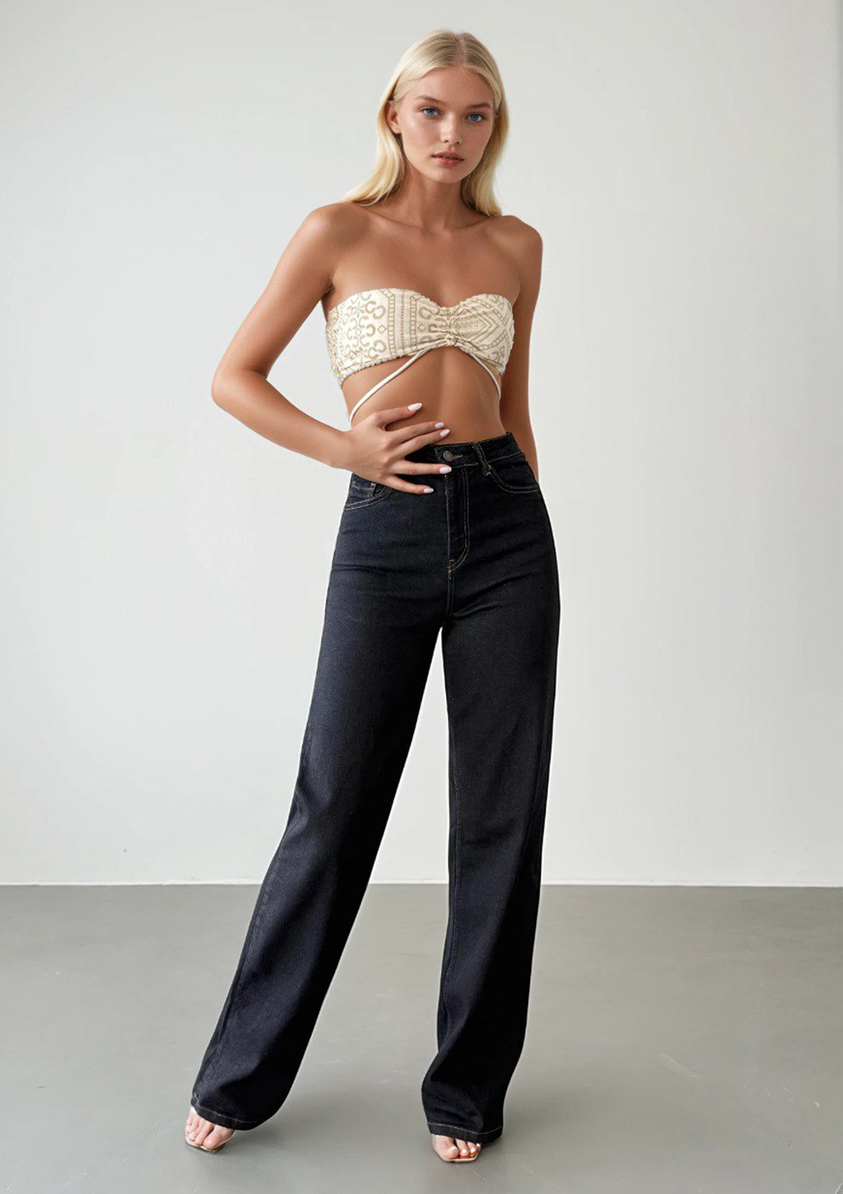 Nita Dark Rinse Straight Jean — full body front view of styled woman in an alternative stance, showcasing high-rise waist and straight leg silhouette in deep rinse wash | Mia & Luna