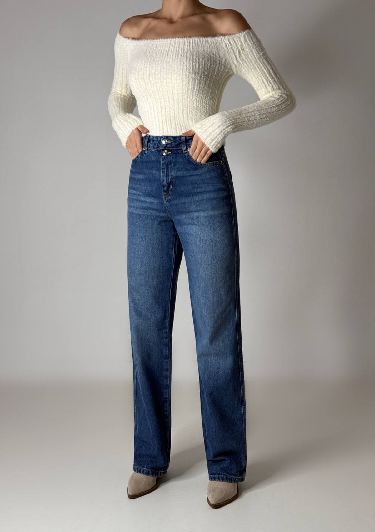 Kara Straight Jean — full body front styled pose showcasing high-rise waist and straight leg silhouette in medium blue wash | Mia & Luna