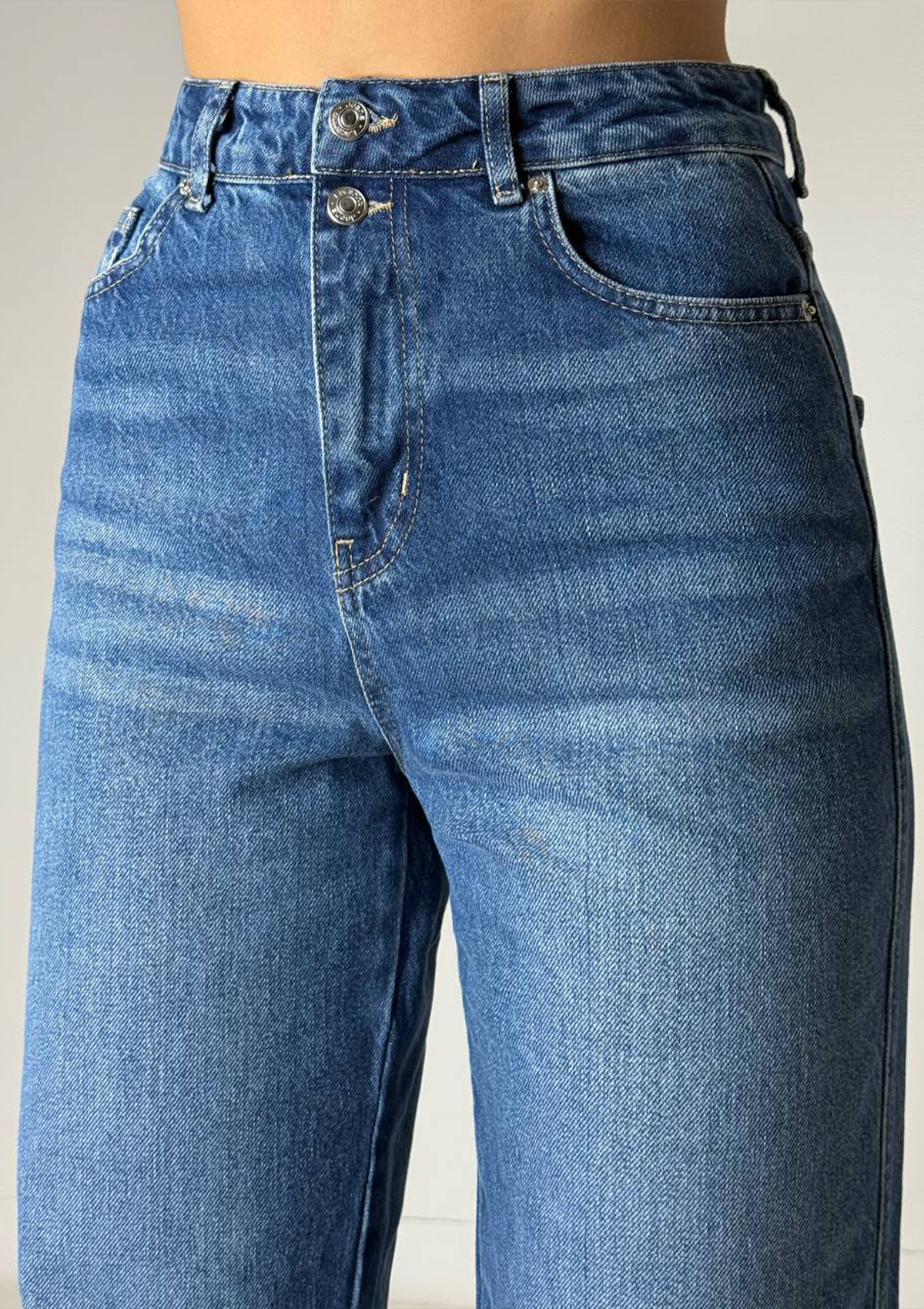 Kara Straight Jean — close up of high-rise waist showing five-pocket detail, zip fly and two button closure in medium blue wash | Mia & Luna