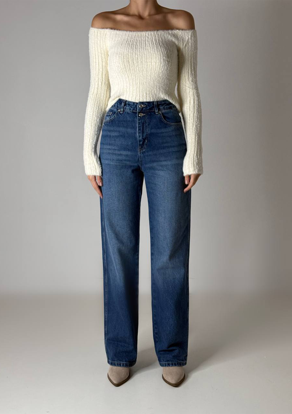 Kara Straight Jean — full body front styled pose in an alternative stance showcasing high-rise waist and straight leg silhouette in medium blue wash | Mia & Luna