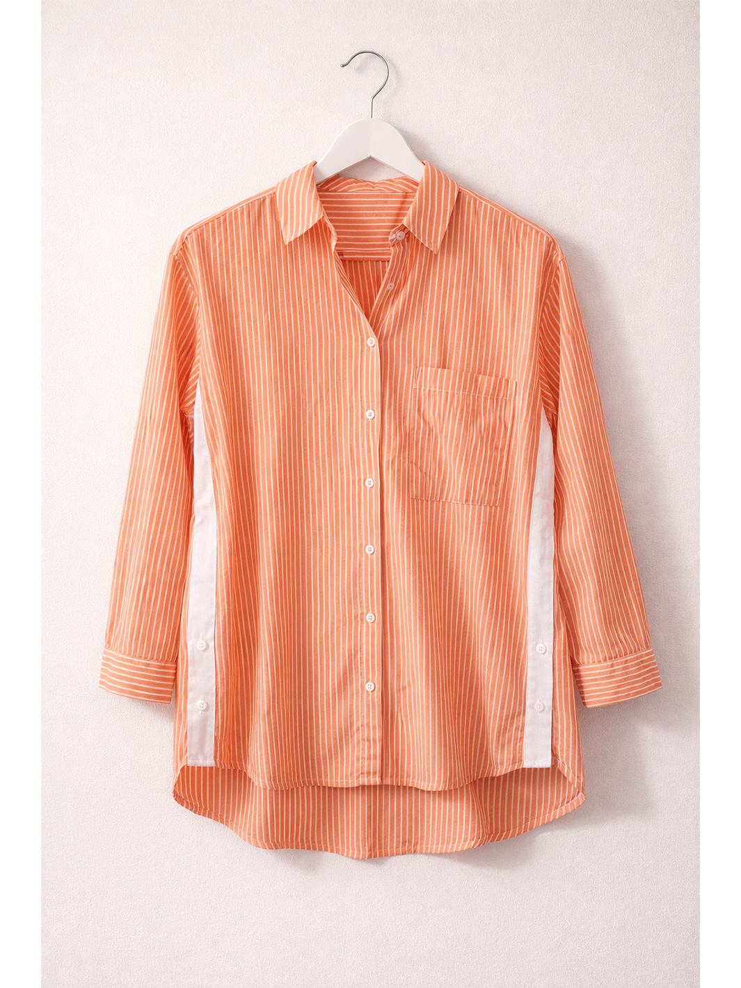 Sienna Stripe Shirt Apricot — flat lay style on hanger showing vertical stripe detail and contrast cream side panels | Mia & Luna