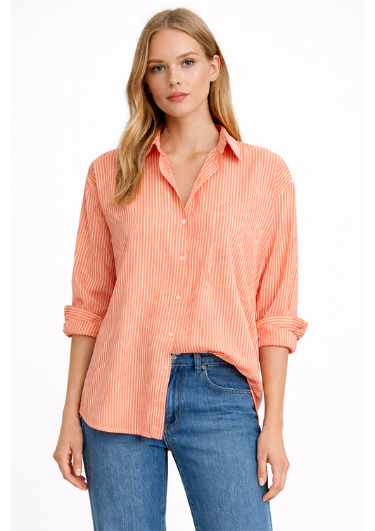 Sienna Stripe Shirt Apricot — half body view with shirt half tucked showing vertical stripe design | Mia & Luna