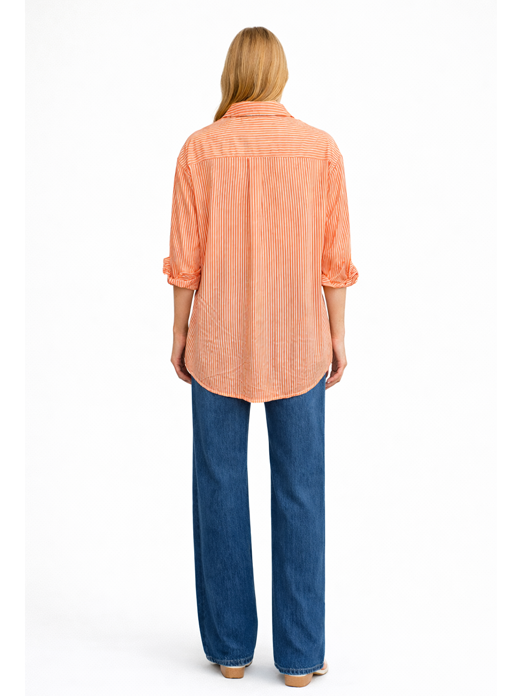Sienna Stripe Shirt Apricot — full body back view with shirt untucked styled with jeans | Mia & Luna