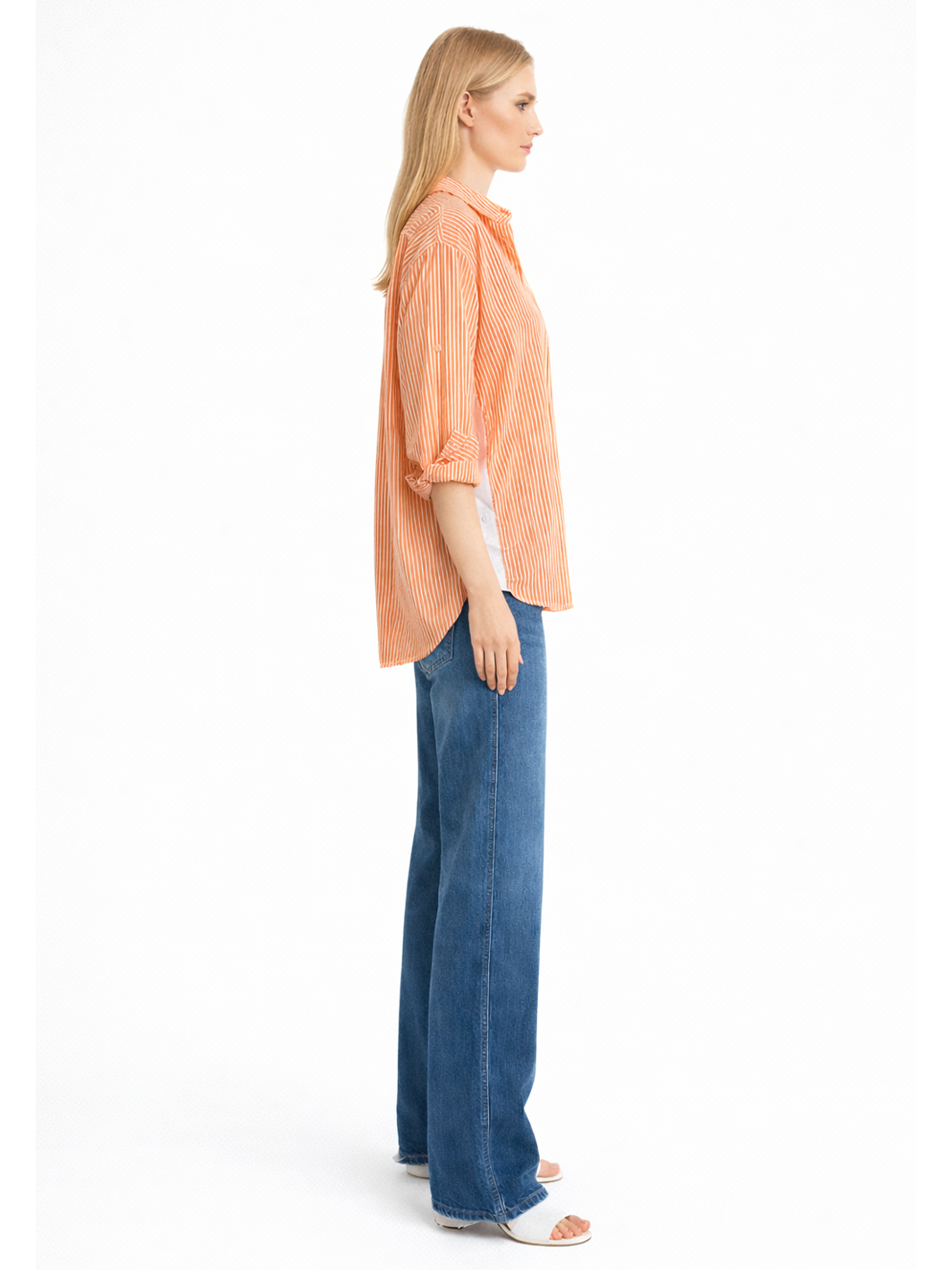 Sienna Stripe Shirt Apricot — full body side profile view fully styled with jeans showing contrast cream side panel detail | Mia & Luna