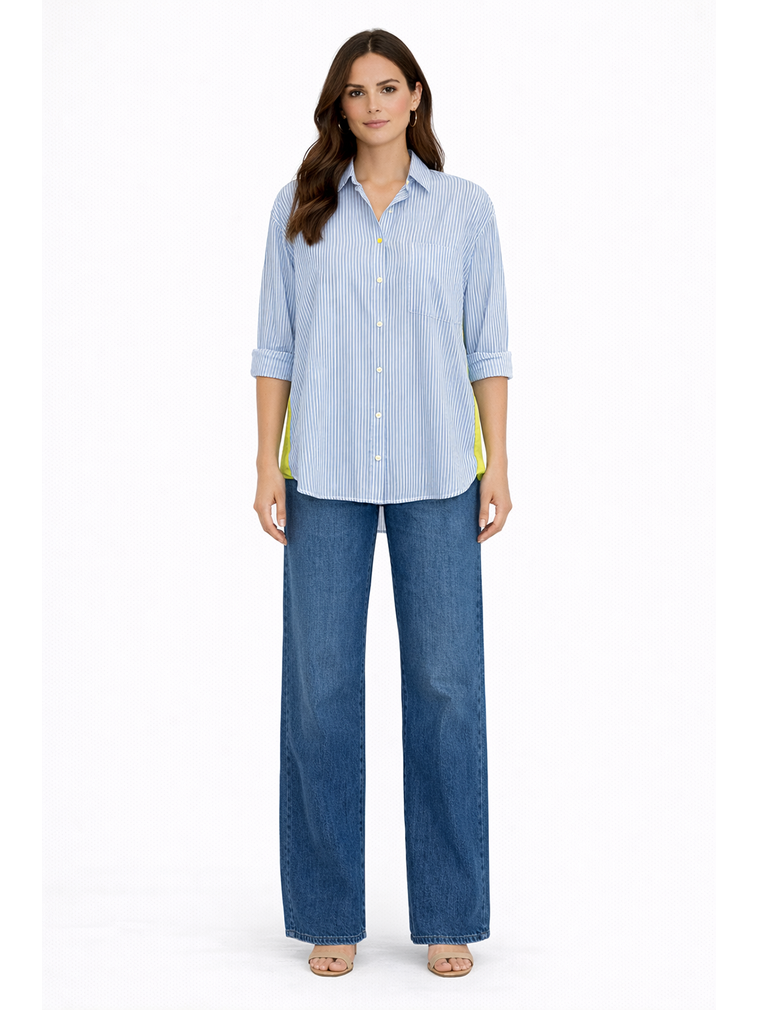 Sienna Stripe Shirt Light Blue — full body front facing view with shirt untucked and hands resting at sides, styled with jeans | Mia & Luna