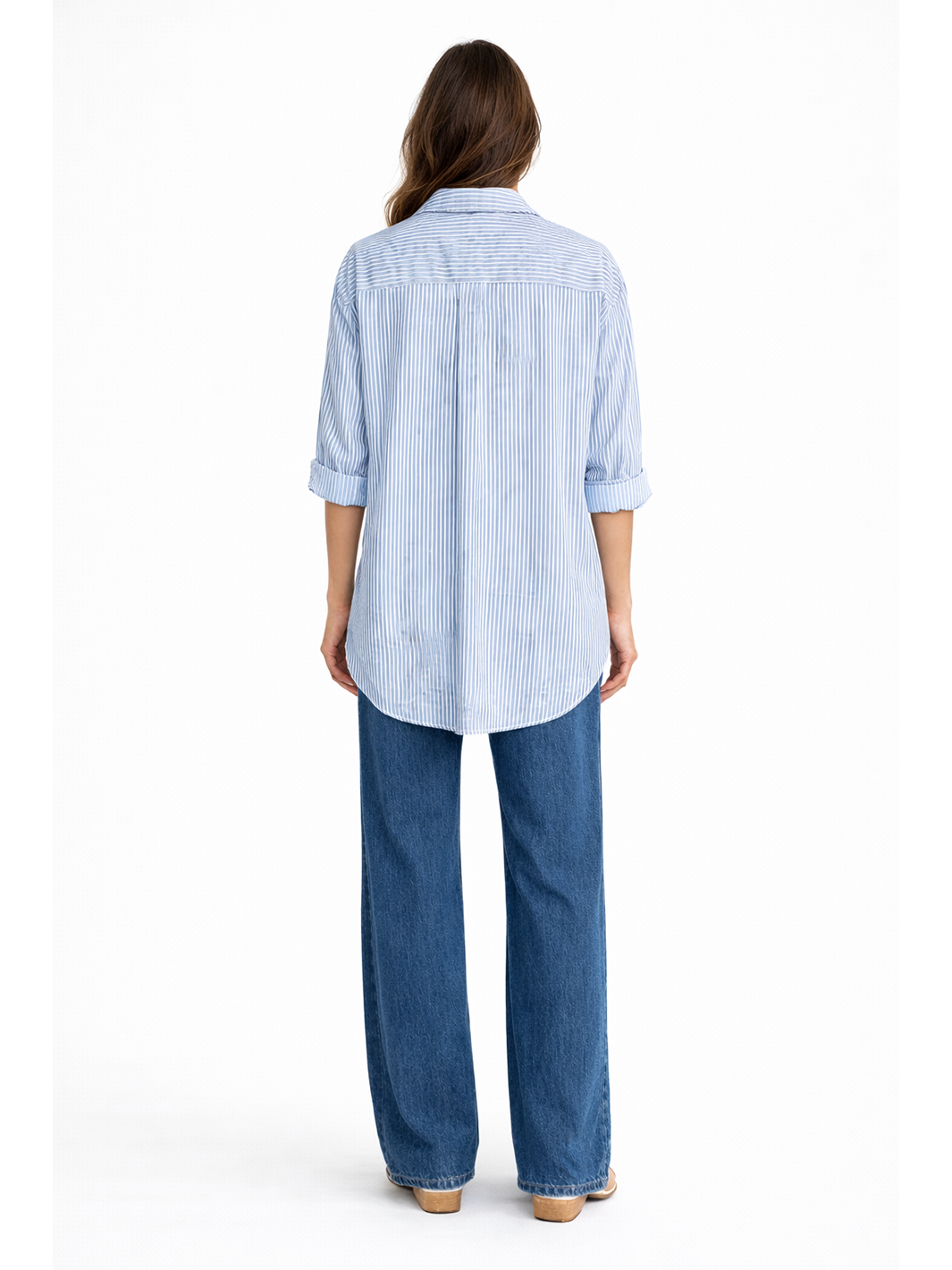 Sienna Stripe Shirt Light Blue — full body back view with shirt untucked styled with jeans | Mia & Luna