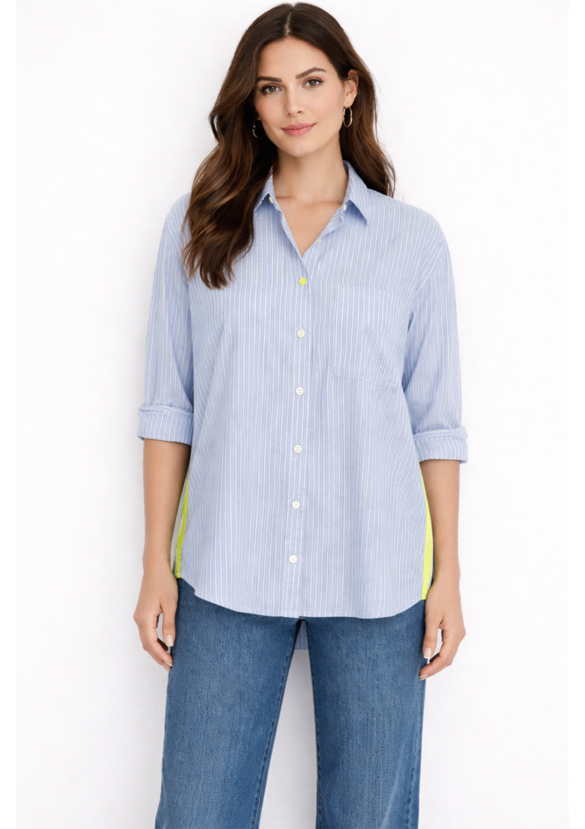 Sienna Stripe Shirt Light Blue — half body front facing view with shirt untucked showing vertical stripes and contrast side panel | Mia & Luna