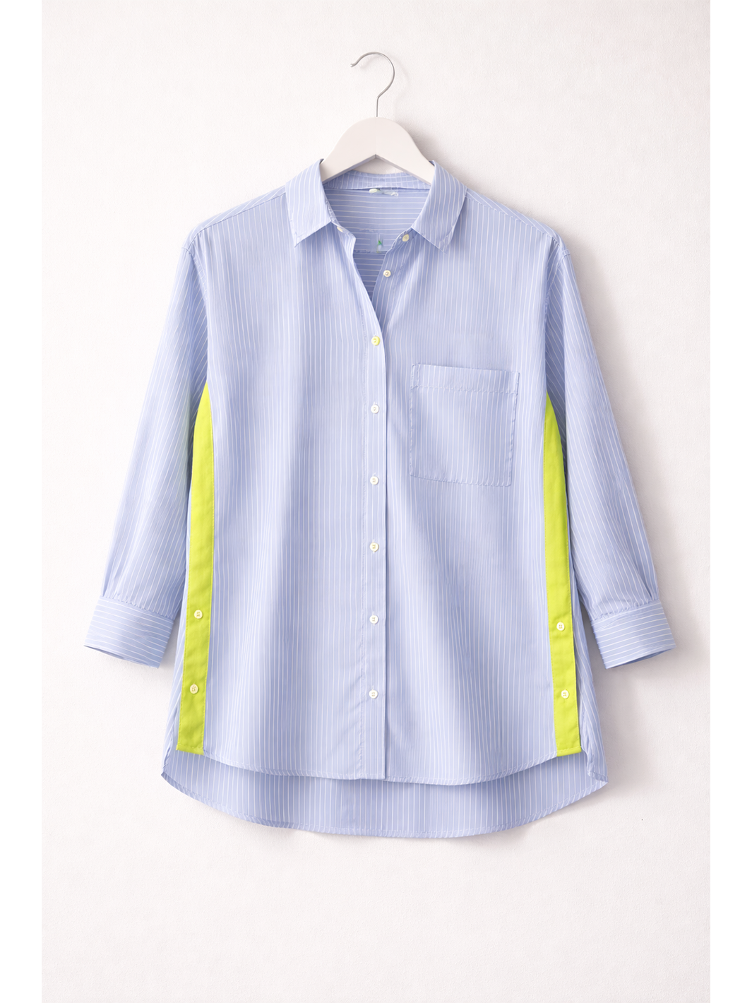 Sienna Stripe Shirt Light Blue — flat lay style on hanger showing full shirt detail | Mia & Luna