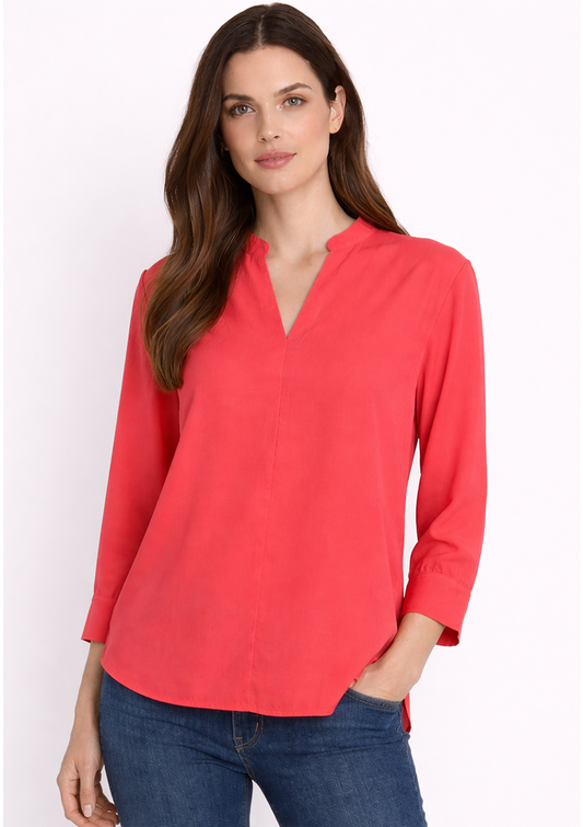 Willa Shirt Coral Red — front view showing the relaxed silhouette and Nehru neckline | Mia & Luna