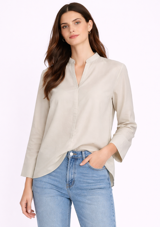 Willa Shirt Soft Latte — half body front facing view with shirt half tucked in | Mia & Luna