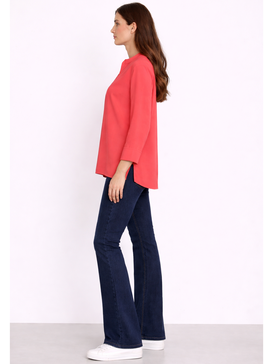 Willa Shirt Coral Red — full body side view with shirt untucked | Mia & Luna
