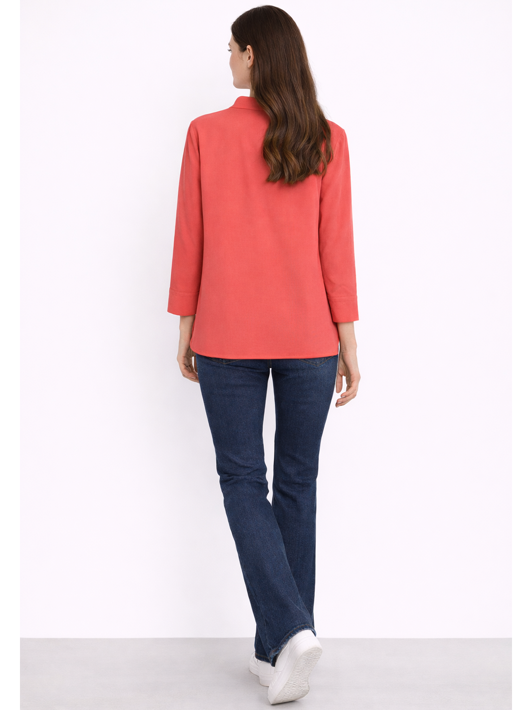 Willa Shirt Coral Red — full body back view with shirt untucked | Mia & Luna
