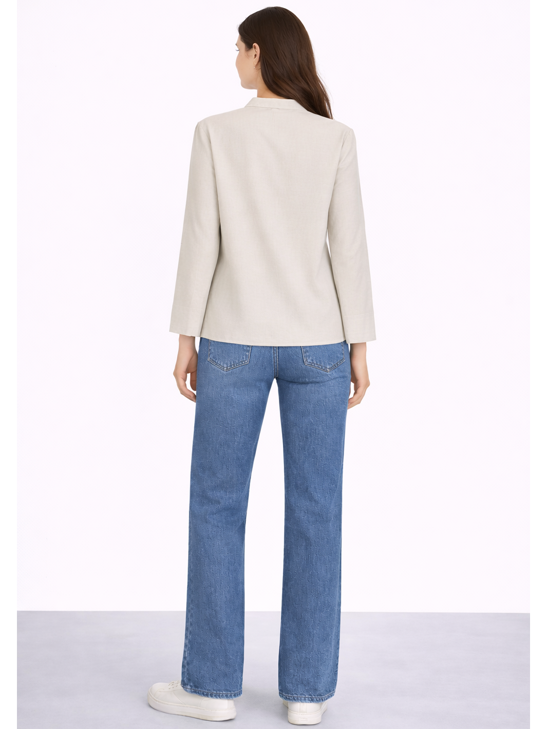 Willa Shirt Soft Latte — full body back view fully styled | Mia & Luna