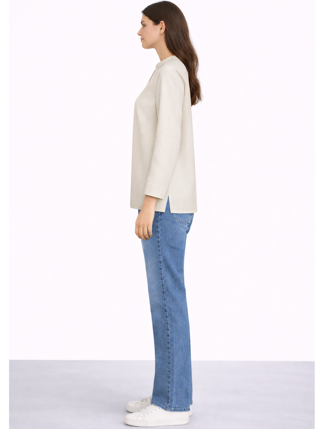 Willa Shirt Soft Latte — full body side view fully styled | Mia & Luna