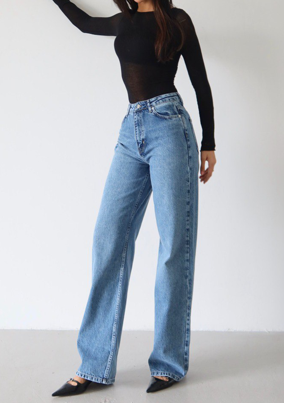 Elia Wide Leg Jean in light blue — full body side view showing wide leg silhouette and styling | Mia & Luna