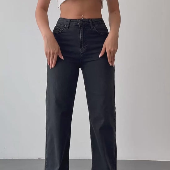 Nita Charcoal Gray Straight Jean — styled outfit video showing front view fit and movement of high-rise straight leg denim | Mia & Luna