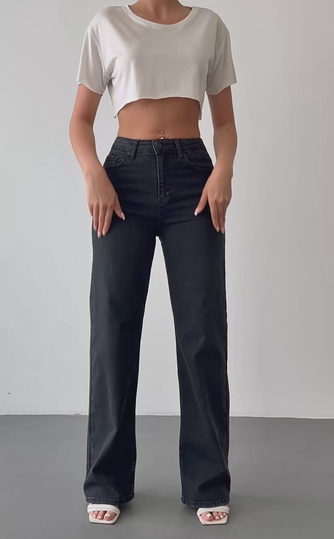 Nita Charcoal Gray Straight Jean — styled outfit video showing front view fit and movement of high-rise straight leg denim | Mia & Luna