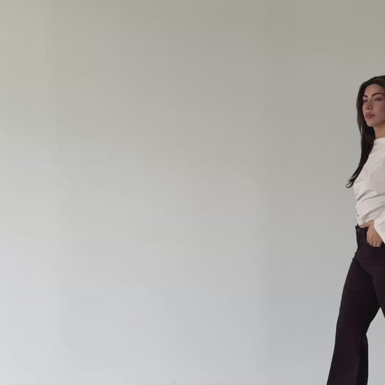 Nita Wine Straight Jean — styled studio video showing model walking and movement of high-rise straight leg denim in wine wash | Mia & Luna