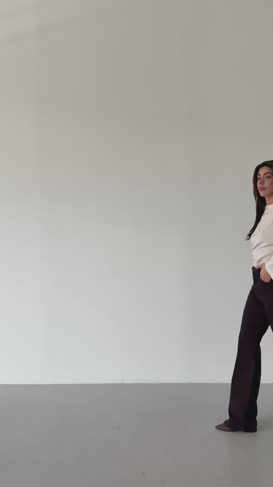 Nita Wine Straight Jean — styled studio video showing model walking and movement of high-rise straight leg denim in wine wash | Mia & Luna