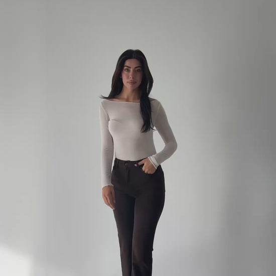 Aria Espresso Mini Flare Jean — styled outfit video showing movement and fit of high-rise mini flare denim in espresso wash | Mia & Luna
